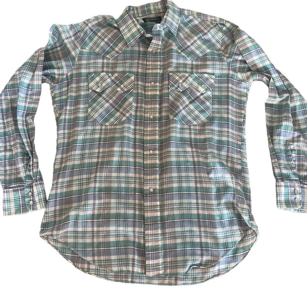 Vintage 90s Men's Levi's Plaid Western Pearl Snap Button Down Shirt L Green Blue